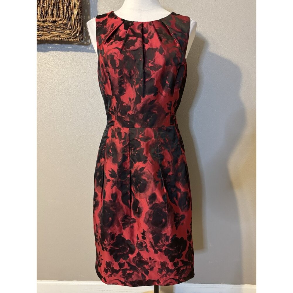 Talbots A Line Dress 14 Red Black Rose Pockets Sleeveless Career Church Party - Picture 8 of 13